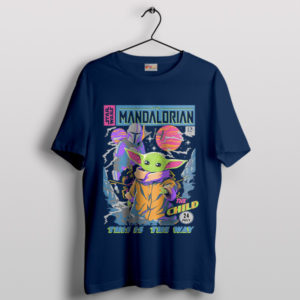 Retro Comic Mandalorian and Grogu Navy T-Shirt