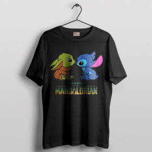 Cute Baby Yoda and Stitch Cartoon Black T-Shirt