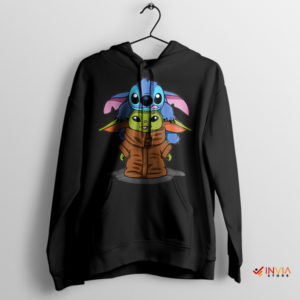 Cute Stitch And Grogu Adventures Black Hoodie