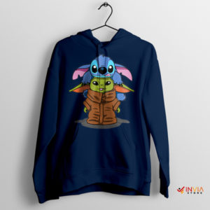 Cute Stitch And Grogu Adventures Navy Hoodie