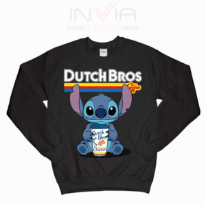 Stitch from Lilo and Stitch sitting down holding a large Dutch Bros Coffee cup