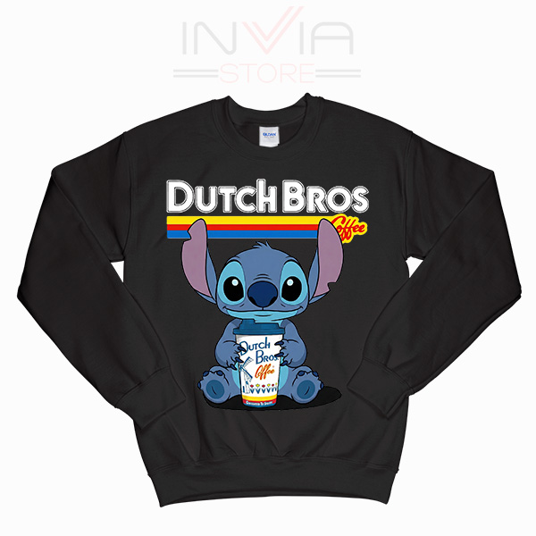 Stitch from Lilo and Stitch sitting down holding a large Dutch Bros Coffee cup